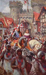 Eduardo V entra a caballo en Londres con el duque Ricardo, 1483, ilustración de «Hutchinson